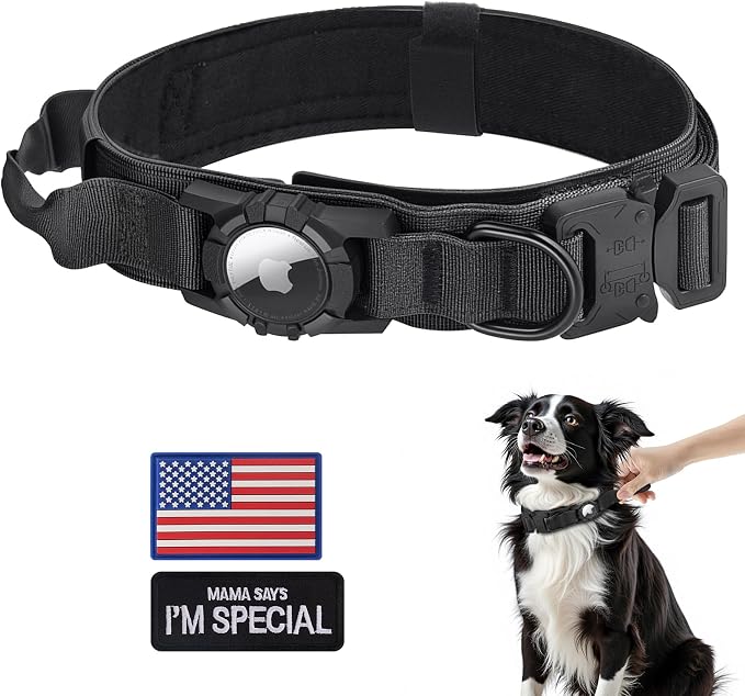 Upgraded Airtag Dog Collar Waterproof, Adjustable GPS Training Nylon | Dog Collar with AirTag Holder, Control Handle and Quick-Release Buckle for Medium and Large Dogs (Black, L)