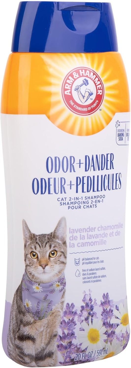 Arm & Hammer 2-in-1 Deodorizing & Dander Reducing Shampoo for Cats, Baking Soda Cat Shampoo for Dander, Odor Control and Coat Cleaning, Lavender Chamomile Scent, 20 Fl Oz - 6 Pack
