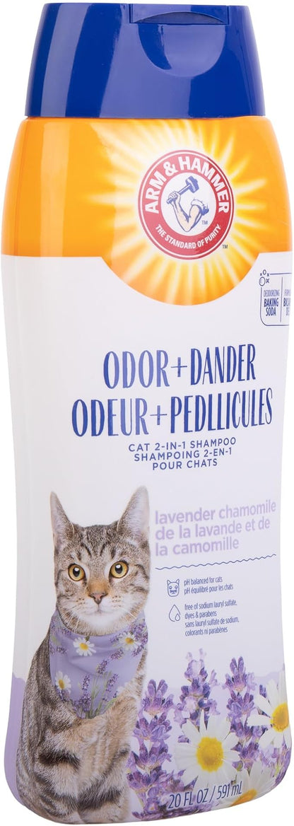 Arm & Hammer 2-in-1 Deodorizing & Dander Reducing Shampoo for Cats, Baking Soda Cat Shampoo for Dander, Odor Control and Coat Cleaning, Lavender Chamomile Scent, 20 Fl Oz - 2 Pack