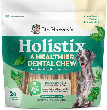 Dr. Harvey's Holistix Dental Chews for Dogs - Dog Teeth Cleaning & Fresh Breath Treats, Sweet Potato Mint (24 Sticks)