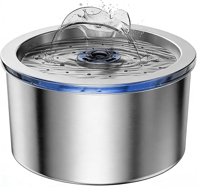 Cat Water Fountain Stainless Steel, 74oz/2.2L Automatic Pet Fountain with USB Pump & Replacement Filters, Ultra Quiet Indoor Water Dispenser for Cats, LED Monitoring Water Level