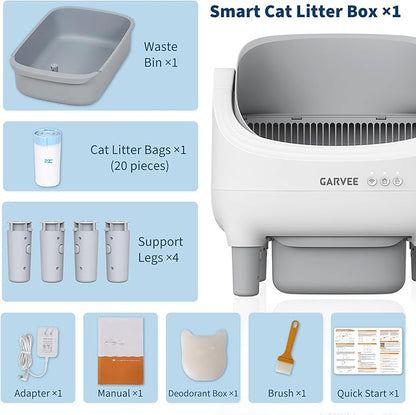 Self Cleaning Litter Box, Automatic Cat Litter Box with APP Control, Odor-Free Waste Disposal Includes Trash Bags, Large Waste Bin, Open-Top, for Multiple Cats, Light Grey