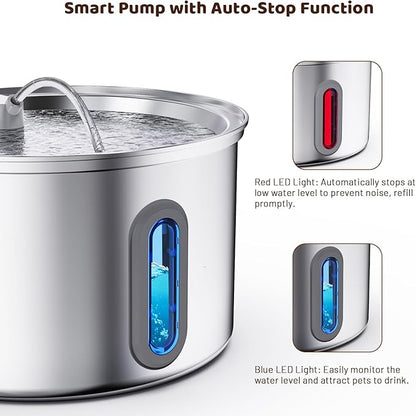 Cat Water Fountain Stainless Steel, 3.2L/108oz Pet Fountains for Drinking with Smart Quiet Pump and Large Water Level Window, Easy-to-Clean Automatic Pet Water Dispenser for Indoor Use