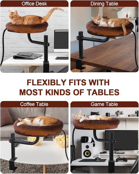 Heated Cat Bed for Desk Indoor, Heated Pet Bed Hammock for Home Office Workspace with Adjustable Mount & 360° Rotation Arm, Small Cute Raised Round Cat Pet Bed Heater Cat Window