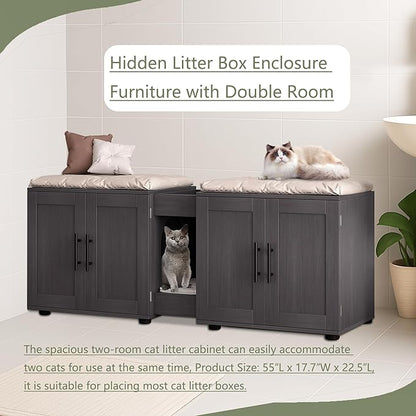 Cat Litter Box Enclosure Furniture for 2 Cats, 55" Large Hiddden Cat Litter Box Enclosure Furniture 3-IN-1 Wooden Cat Litter Cabinet with Barn Door & Double Rooms for Bedroom Living Room, Walnut