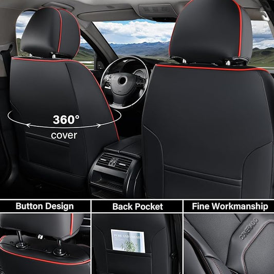 Coverado Car Seat Covers Full Set, Premium Nappa Leather Seat Covers for Car, Waterproof Car Seat Protector with Lumbar Support, Car Seat Cover Universal Fit for Most Cars SUV Truck(Black&Red)