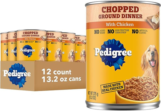 Pedigree Chopped Ground Dinner Adult Soft Wet Dog Food with Chicken, Canned Dog Food, 13.2 oz. Cans, 12 Count