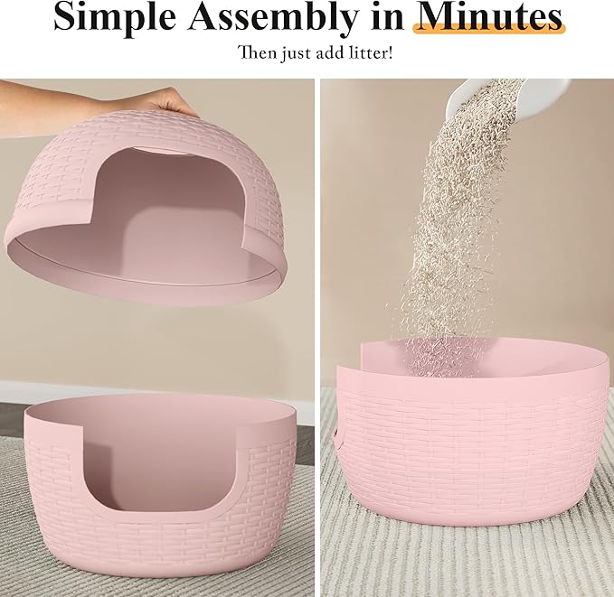 Cat Litter Box, Hidden Litter Box with Faux Plant, Heavy Duty Litterbox Enclosure Furniture with Rattan Pattern, PP Cat Box Enclosure Furniture for Living Room, Bedroom, Pink