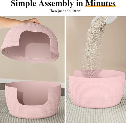 Cat Litter Box, Hidden Litter Box with Faux Plant, Heavy Duty Litterbox Enclosure Furniture with Rattan Pattern, PP Cat Box Enclosure Furniture for Living Room, Bedroom, Pink