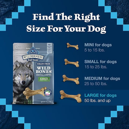 Blue Buffalo Wilderness Wild Bones Grain-Free Dental Chews Dog Treats, Large, 27-oz Bag, (Pack of 2)