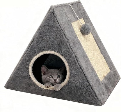 Cat Beds for Indoor - 2 in 1 Cat Cave House Tent for Kittens and Small Pets with Fluffy Ball Hanging and Scratch Pad,Foldable Kitten Hideaway with Non-Slip Bottom, Grey, 17 inches