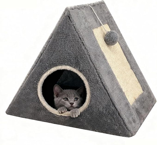 Cat Beds for Indoor - 2 in 1 Cat Cave House Tent for Kittens and Small Pets with Fluffy Ball Hanging and Scratch Pad,Foldable Kitten Hideaway with Non-Slip Bottom, Grey, 17 inches