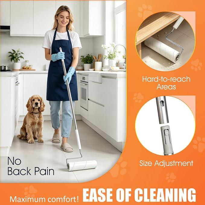 WulaWindy Long Handle Lint Roller for Pet Hair, 450 Sheets, 5 Rolls | Wide lint roller with extendable handle, 450 easy-tear sheets and storage base for pet hair on floors, sofas and carpets.