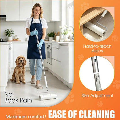WulaWindy Long Handle Lint Roller for Pet Hair, 450 Sheets, 5 Rolls | Wide lint roller with extendable handle, 450 easy-tear sheets and storage base for pet hair on floors, sofas and carpets.