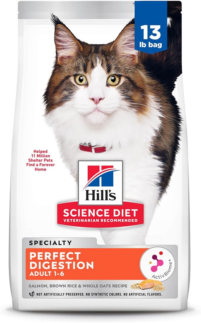 Hill's Science Diet Adult 1-6 Perfect Digestion Dry Cat Food, Salmon, Brown Rice & Whole Oats, 13 lb. Bag