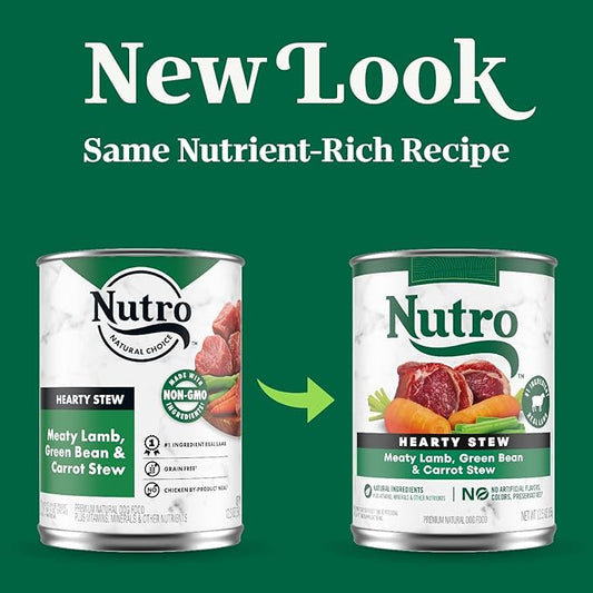 Nutro Hearty Stew Canned Wet Dog Food, Natural Grain Free Dog Food Wet Cuts in Gravy Meaty Lamb with Green Bean & Carrot Stew, 12.5 oz Cans (12 Count, Pack of 1)