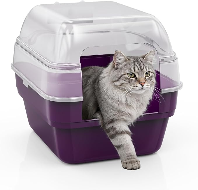 Large Cat Litter Box with Transparent Lid, Foldable Hooded Litter Box with Front Door Flap for Privacy, Easy Clean Non-Sticky Litter Box with Intelligent Deodorizing, (21.6" L x 17.8" W x 17.3" H)