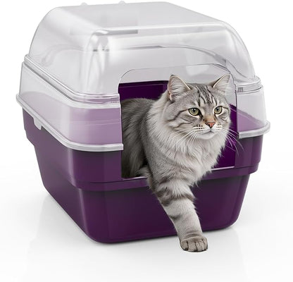 Large Cat Litter Box with Transparent Lid, Foldable Hooded Litter Box with Front Door Flap for Privacy, Easy Clean Non-Sticky Litter Box with Intelligent Deodorizing, (21.6" L x 17.8" W x 17.3" H)