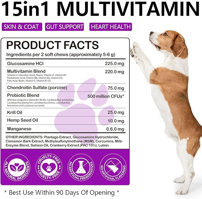 Dog Vitamins and Supplements, 15-in-1 Dog Multivitamin Chews with Glucosamine and Probiotics, Natural Daily Vitamins Treats for Dogs, Pet Health Support-Skin-Immunity-Gut Digestion-Joint-Heart,150pcs