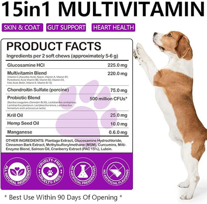 Dog Vitamins and Supplements, 15-in-1 Dog Multivitamin Chews with Glucosamine and Probiotics, Natural Daily Vitamins Treats for Dogs, Pet Health Support-Skin-Immunity-Gut Digestion-Joint-Heart,150pcs