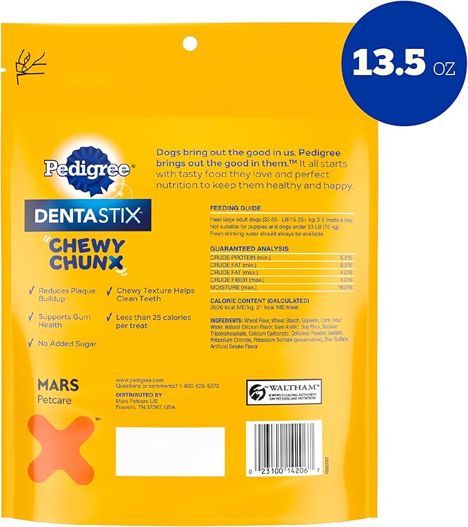 Pedigree Dentastix Chewy Chunx Large Dog Dental Treats Chicken Flavor, 13.5 oz. Bag