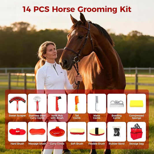 14PCS Horse Grooming Kit, Professional Brush Supplies Set for Bathing & Care, Mane Tail Curry Comb, Sweat Scraper Hoof Pick, Waterproof Storage Tote Bag for Shining, Detangling, Gifts for Riding Lover