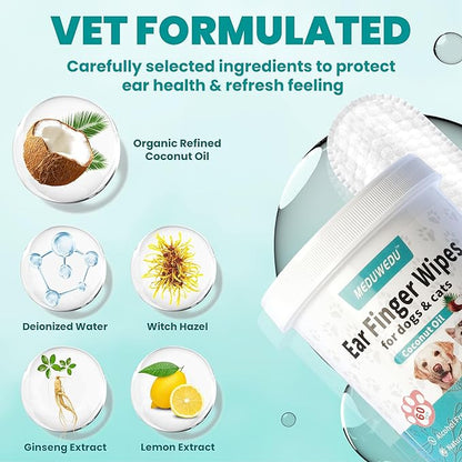 MEDUWEDU Ear Cleaner Finger Wipes 60 Counts, Dog Ear Cleaner,Soft & Easy Otic Cleaning Pads, Remove Wax, Dirt & Stop Smelly, Itchy, Non-Irritating, Grapefruit Scent