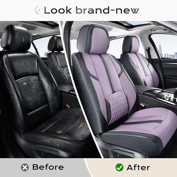 Coverado Front Seat Covers, 2 Pack Waterproof Seat Cover for Cars, Faux Leather Seat Covers with Lumbar Support, Car Seat Protectors Driver Car Seat Cushion Universal Fit for Most Cars (Black&Purple)