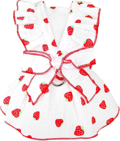 Dog Dresses for Small Dogs Girl Female Clothes Cat Clothes Cat Dress Cute Cotton Extra Summer Bow Decor Printed Strawberry Dog Birthday Outfit Small Puppy Clothes White XL