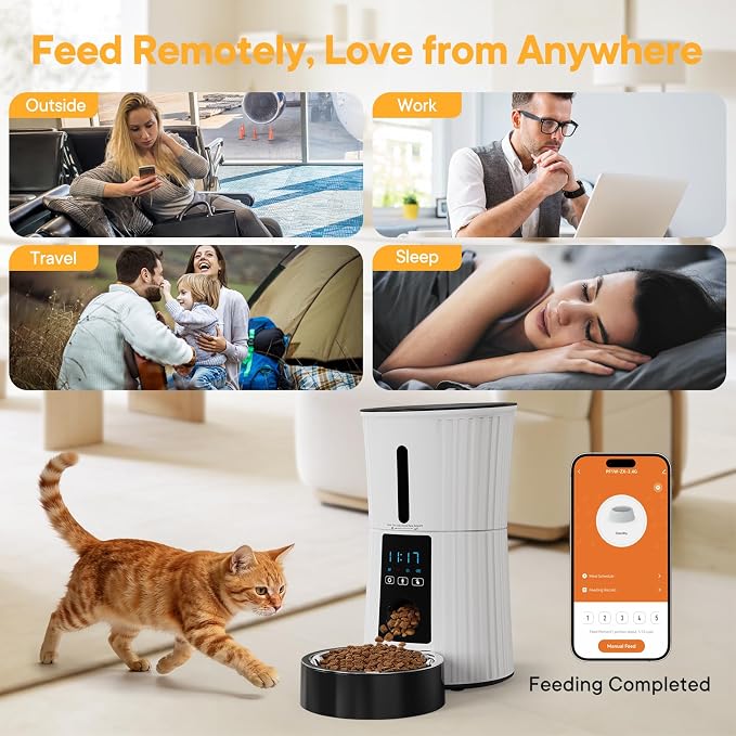 NEWBULIG 4L Automatic Cat Feeder with APP, 2.4G WiFi Pet Feeders, White | Applicable for Dry Food, 19.5 Cups, Programmable Schedule, 10 Meals/Day, 50 Portions/Meal, 10s Voice Recorder, Dual Power