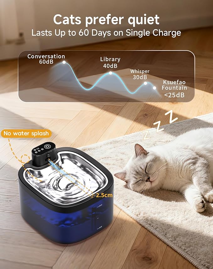Cat Water Fountain Cordless: Battery Operated 118oz/3.5L Pet Water Fountain for Cats Indoor with Motion Sensor, Stainless Steel Tray, Ultra Quiet, Easy-to-Clean, Gifts for Cats, Dogs (8Filters)