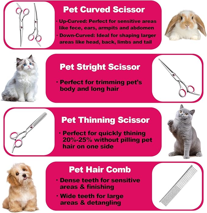 Dog Grooming Scissor, 7-in-1 Pet Grooming Scissor for Dogs, Professional Dog Grooming Kit with Safety Round Tips, Titanium Coated Cat Scissors Kit for Home Grooming (Pink)