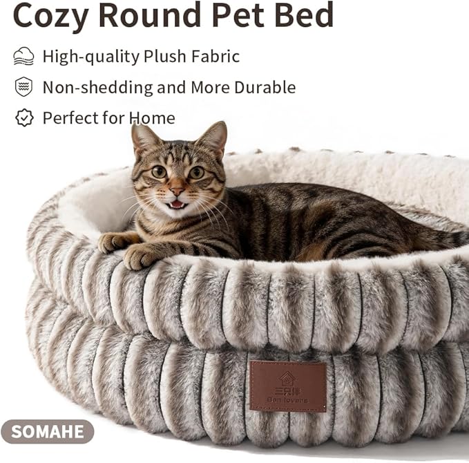 Cat Bed, Round Plush Faux Fur Donut Cuddler – Machine Washable Calming Cat Bed for Indoor Cats & Kittens, Removable Cushion Non-Slip Fluffy Kitten Bed, Cozy Small Cat Nest, 20" Inch Coffee