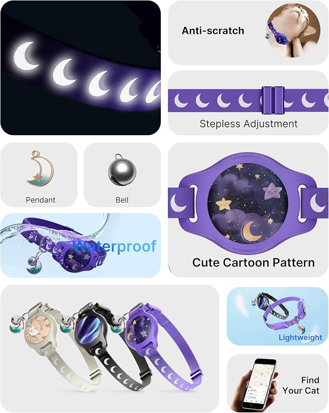 typecase Reflective Breakaway Cat Collar with AirTag Holder, Purple & White | Purple Reflective Breakaway Cat Collar With Bell And Silicone AirTag Holder; Adjustable 8-12 In; AirTag Not Included