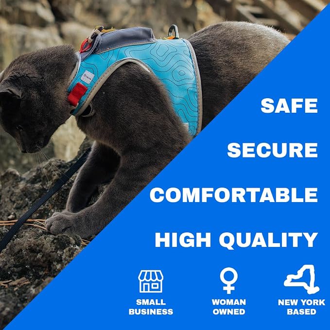 Travel CAT The Pathfinder Cat Harness with GPS Tracker Pocket - Powered by Tractive Cat Harness Escape Proof - Walking Escape Proof Harness for Small, Large Cat, Kitten (Blue, Large)