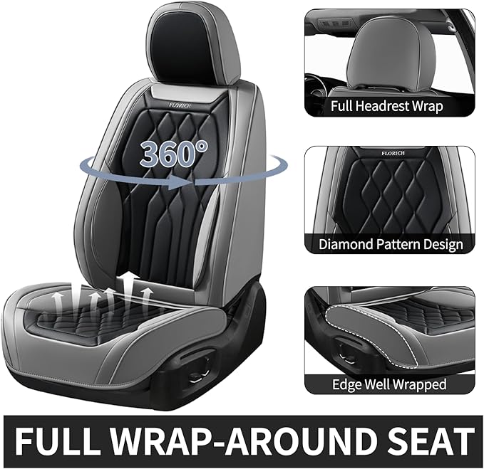 FLORICH Front Seat Covers, Leather Car Seat Protector, Waterproof Seat Covers for Cars, Black Seat Covers Universal Fit for Cars, Trucks, SUVs - Gray&Black