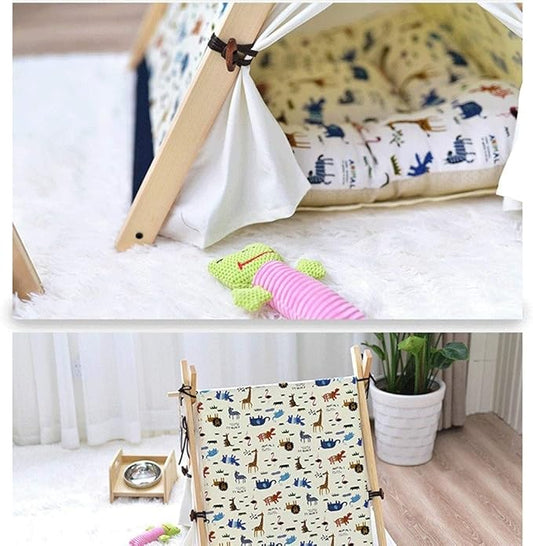 Pet beds, Pet Bed Tent Wooden Dog House Pet Bed Cat Bed Yurt Washable Kennel Cat Litter Small(80x80x90cm)