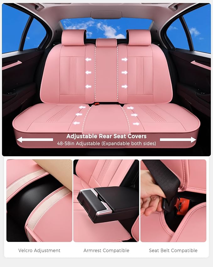 Huidasource Pink Rear Seat Covers, Nappa Leather Back Seat Covers with Ventilation Holes, Velcro Adjustable, Compatible with Armrests, Seat belts, Child Safety Seats, fit for Most Cars SUV Truck, Pink