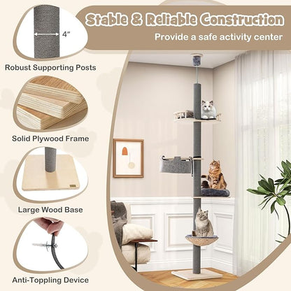 PETSITE Floor to Ceiling Cat Tree with 93”-107” Adjustable Height, 5-Tier Wooden Cat Climbing Pole with Scratching Post, Cozy Hammock and Basket Bed, Floor to Ceiling Cat Tower