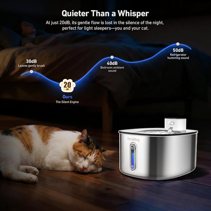 PartsBling Stainless Steel Cat Water Fountain, 4.2L/142 oz | Cordless Pet Water Fountain with Sensor, 5000mAh Rechargeable Battery, Ultra Quiet, 4 Filters, for Cats & Small Dogs, White