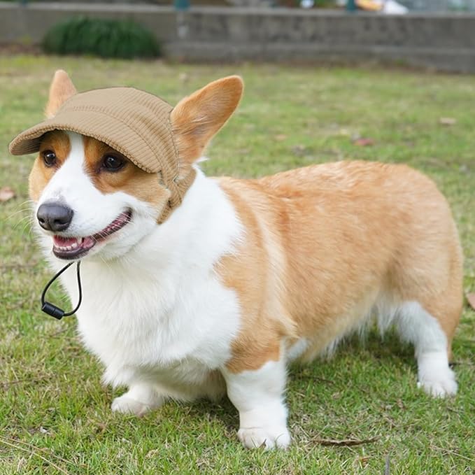 Dog Baseball Cap, Dog Cat Summer Beach Visor Hat with Ear Holes, Adjustable Puppy Sunbonnet Headdress (Brown, Medium)