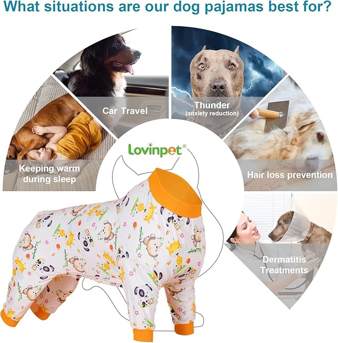 LovinPet Labrador Pajamas - Pet Anxiety Relief Shirt, Dog Pajamas, UV Protection Comfy Stretchy Fabric, White Animal Print, Large Dog Pjs, Pitbull Clothes, Surgical Recovery Shirt, Orange M