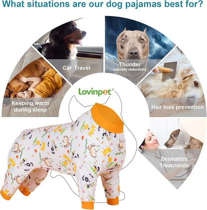 LovinPet Labrador Pajamas - Pet Anxiety Relief Shirt, Dog Pajamas, UV Protection Comfy Stretchy Fabric, White Animal Print, Large Dog Pjs, Pitbull Clothes, Surgical Recovery Shirt, Orange M
