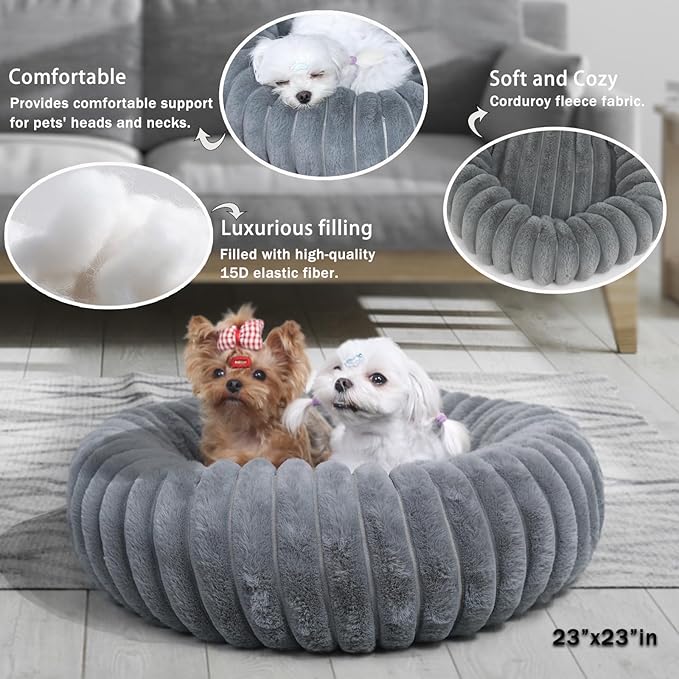Dog Beds Small Sized Dog Washable Calming Anti-Anxiety Donut Puppy Bed for Small Dogs and Cats,Cozy Soft Anti-Slip Round Large Cat Bed 23 Inch Fits up to 20 lbs Pets,Warm Grey