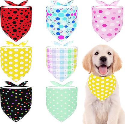 7 PCS Medium Polka Dot Dog Bandanas Hemming Seam Edge Dog Bandana for Small Dogs Print One Side Large Cats Scarfs Party Grooming M