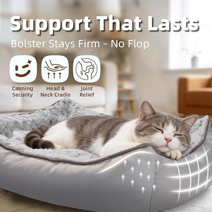 Mora Pets Reversible Dog Bed for Small Medium Dogs Large Cat Bed Washable - Cool & Warm 2-in-1 Anti Anxiety Calming Pet Bed for Summer, Rectangle Puppy Bed with Fluffy Grey Rose (25''x21''x7'')