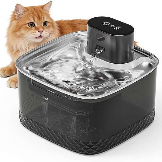 Wireless Cat Water Fountain, 2L Rechargeable Pet Fountain with Stainless Steel Tray, Ultra Quiet Pump, Motion Sensor & Anti-Dry Burn, Auto Water Dispenser for Cats Dogs, Black (1 Filter)