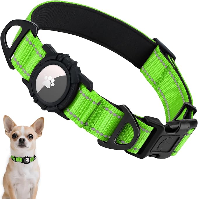 Taglory AirTag Dog Collar with Waterproof Holder for Puppy, Green, XS | Reflective for Night Walks & Low-Light Safety, Track Your Pup Peace of Mind, Adjustable Soft Padded, No More Dangling Tags