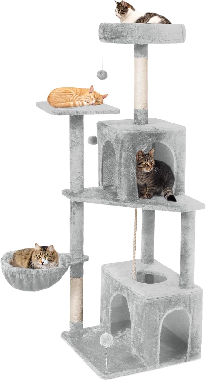 Cat Tree, 54-Inch Cat Tower for Indoor Cats, Soft Plush Multi-Level Climbing Cat Condo with Scratching Posts, Basket, Perches,2 Caves,2 Pompoms Play House for Cat (Light Grey01)