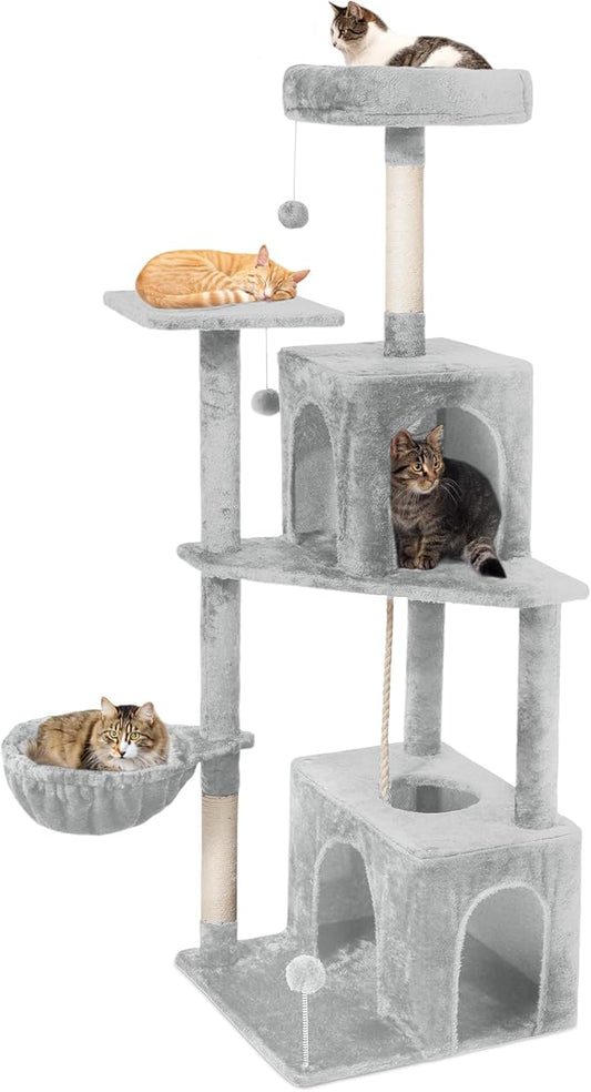 Cat Tree, 54-Inch Cat Tower for Indoor Cats, Soft Plush Multi-Level Climbing Cat Condo with Scratching Posts, Basket, Perches,2 Caves,2 Pompoms Play House for Cat (Light Grey01)